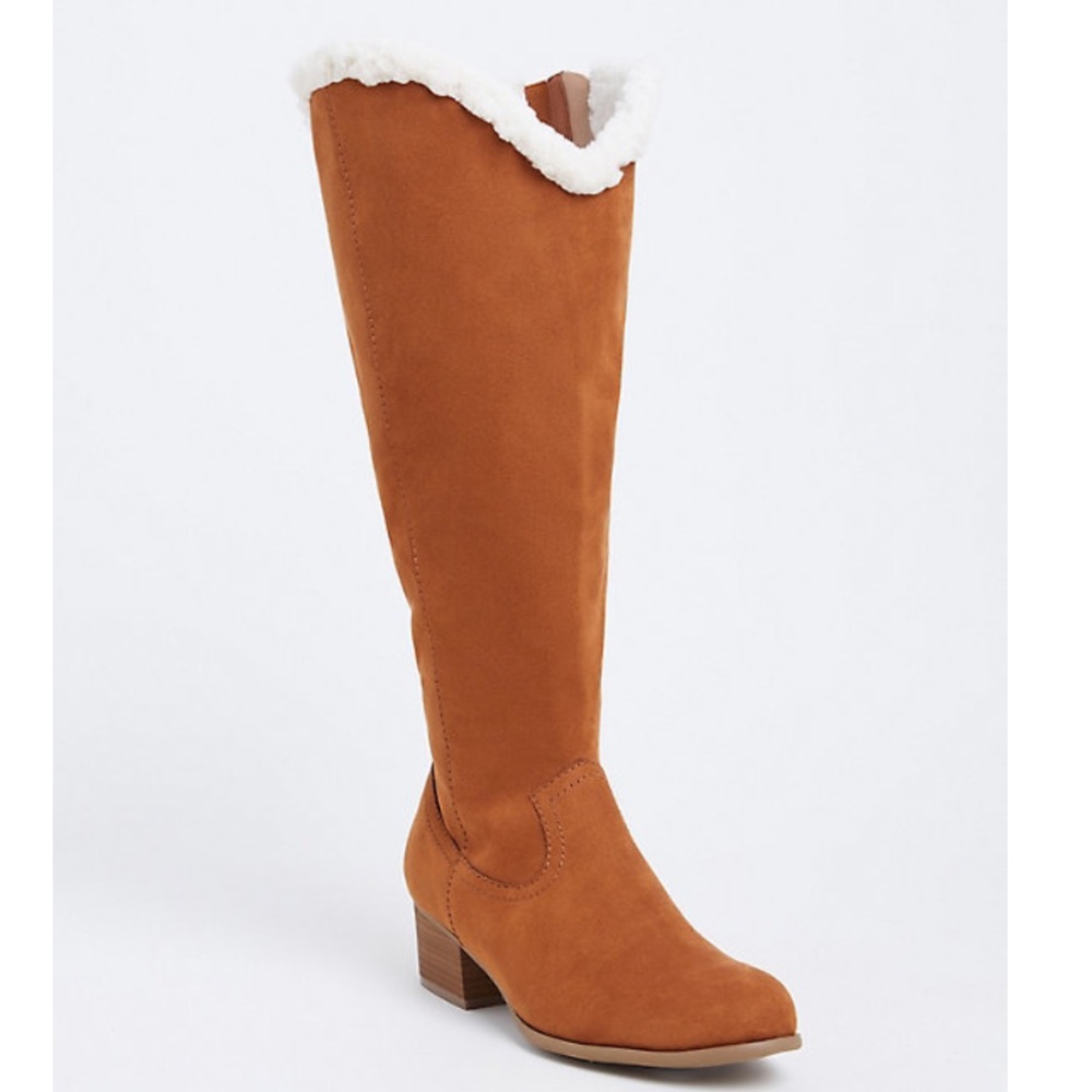 Shearling knee high heeled boot